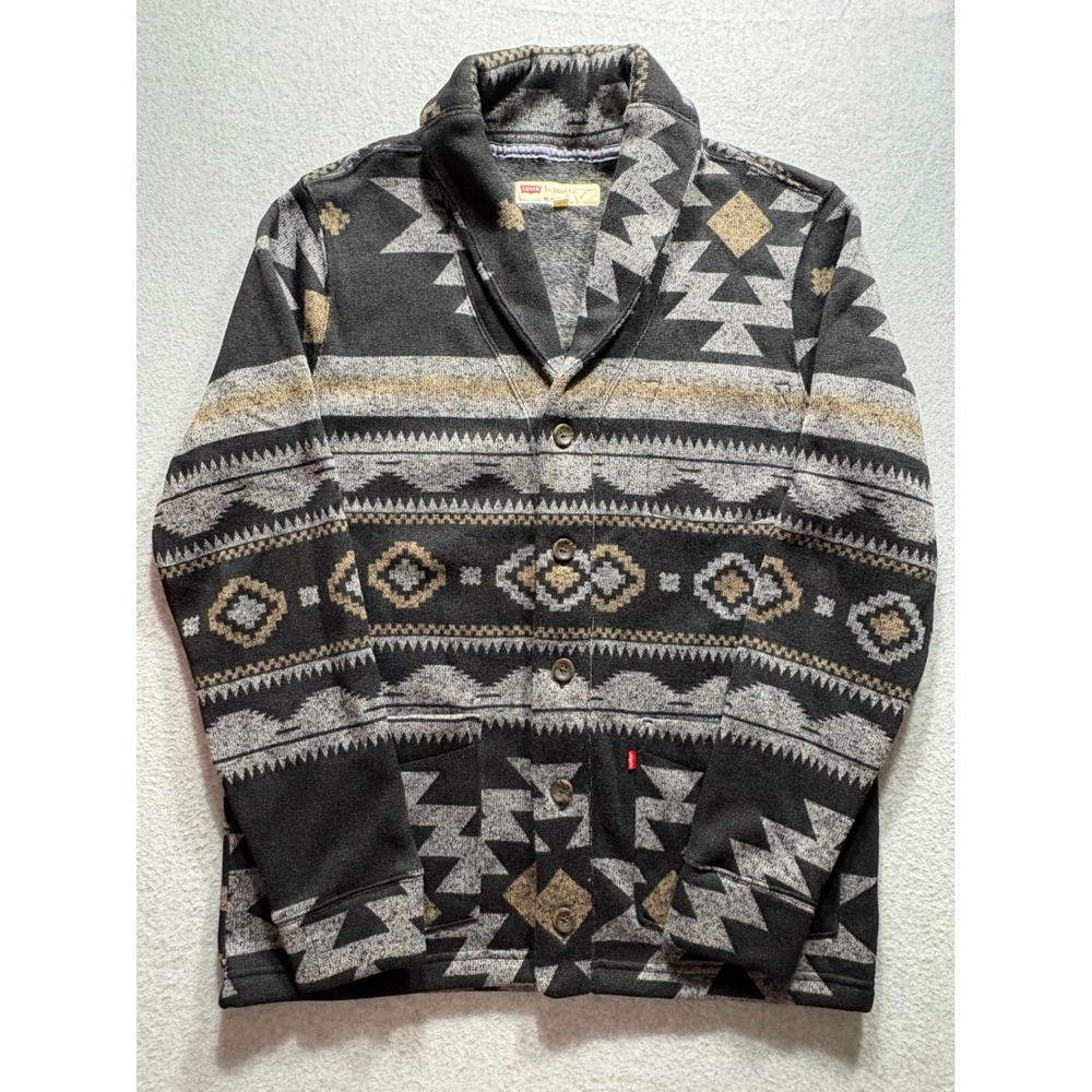 Levis Mens Aztec Southwestern Shawl Collar Cardigan Sweater Black Grey‎ Large